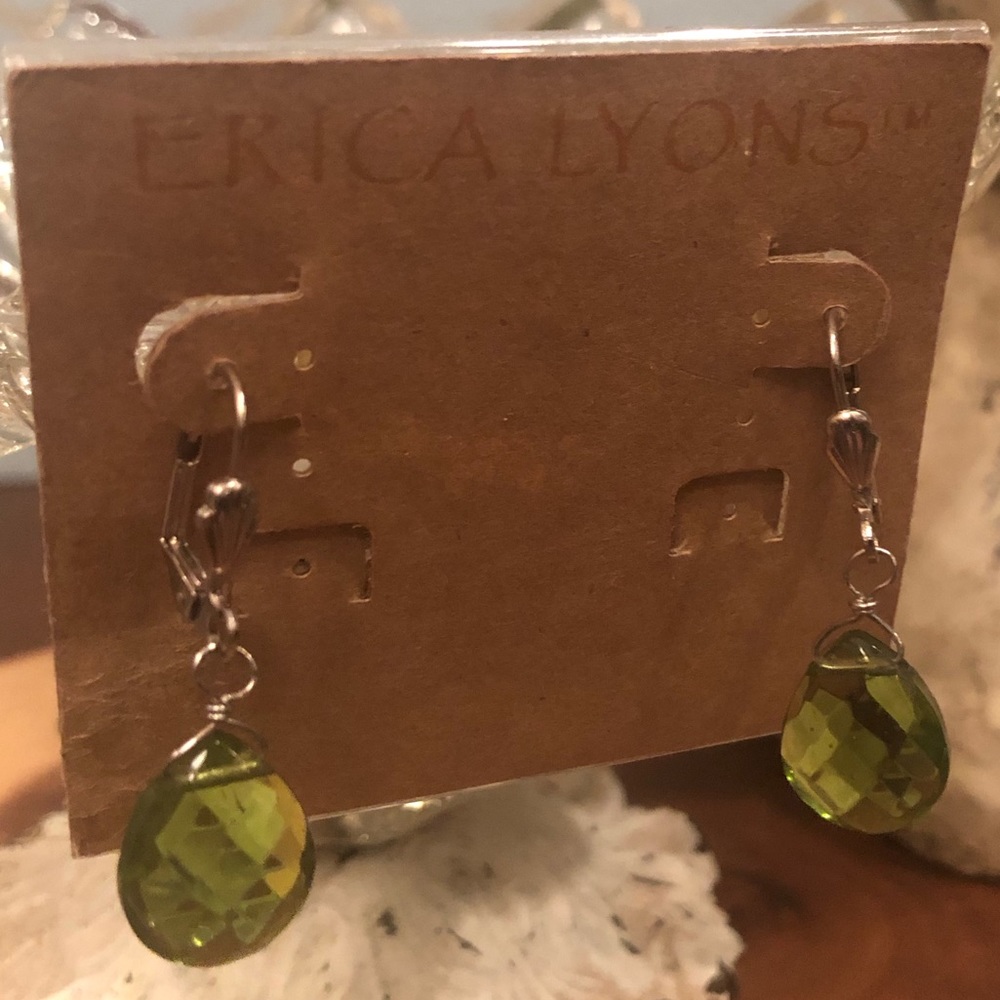 Erica Lyons Citrine Green Glass Faceted and Silver Wired Dangly Pierced Earrings